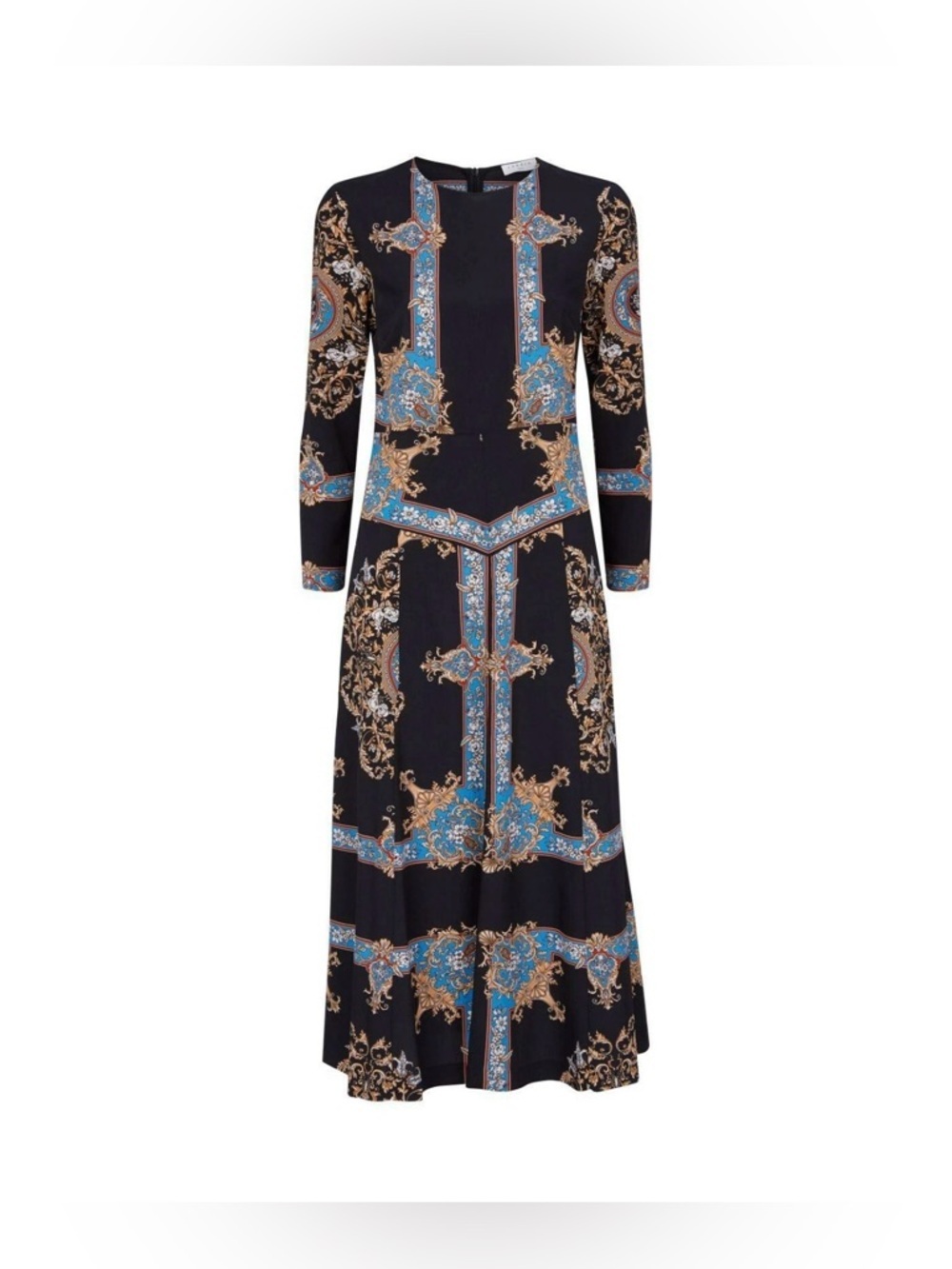 Sandro Paris Liventa long-sleeved black midi dress blue gold scarf print Sz 2